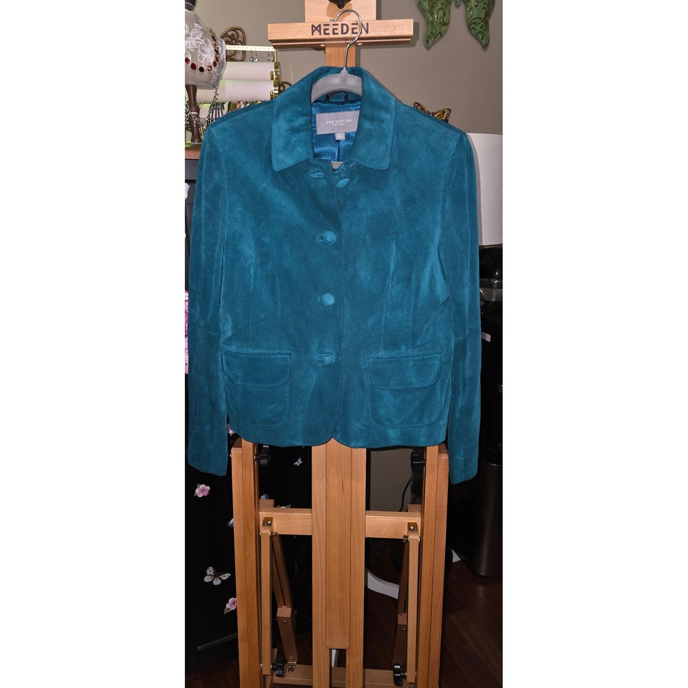 Ann Taylor Petites Teal Blue Suede Leather Jacket Size MP Button Front Blazer